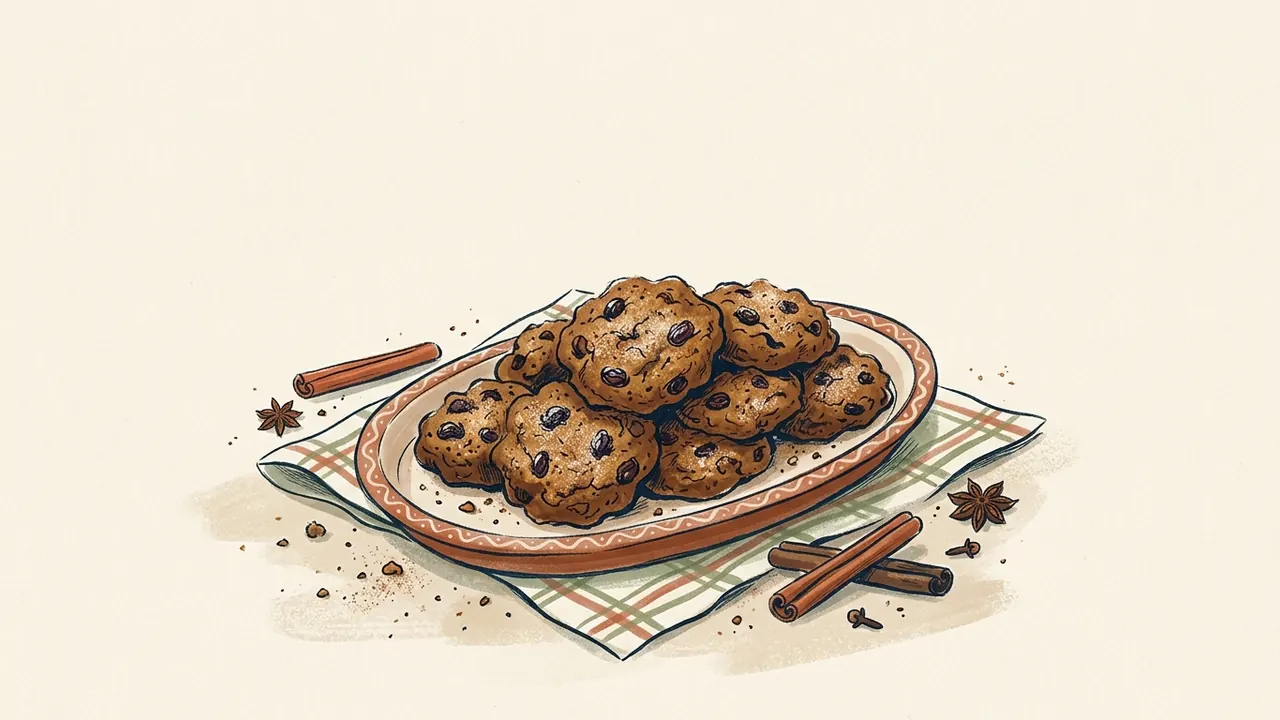 Galletas especiadas con pasas sobre una bandeja, junto a canela y clavo.