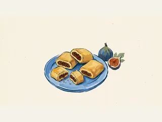 Galletas rellenas de pasta de higo junto a un higo entero y otro abierto.