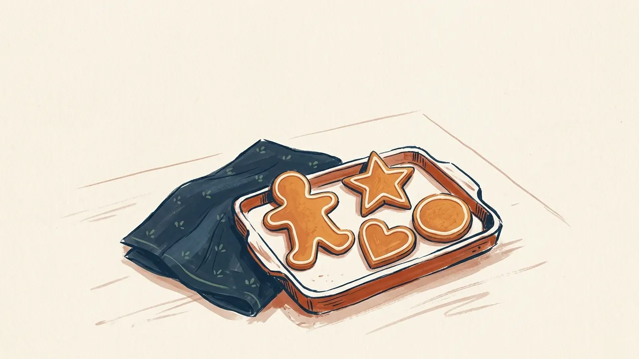 Cuatro galletas de jengibre con formas humana, estrella, corazón y círculo en una bandeja.