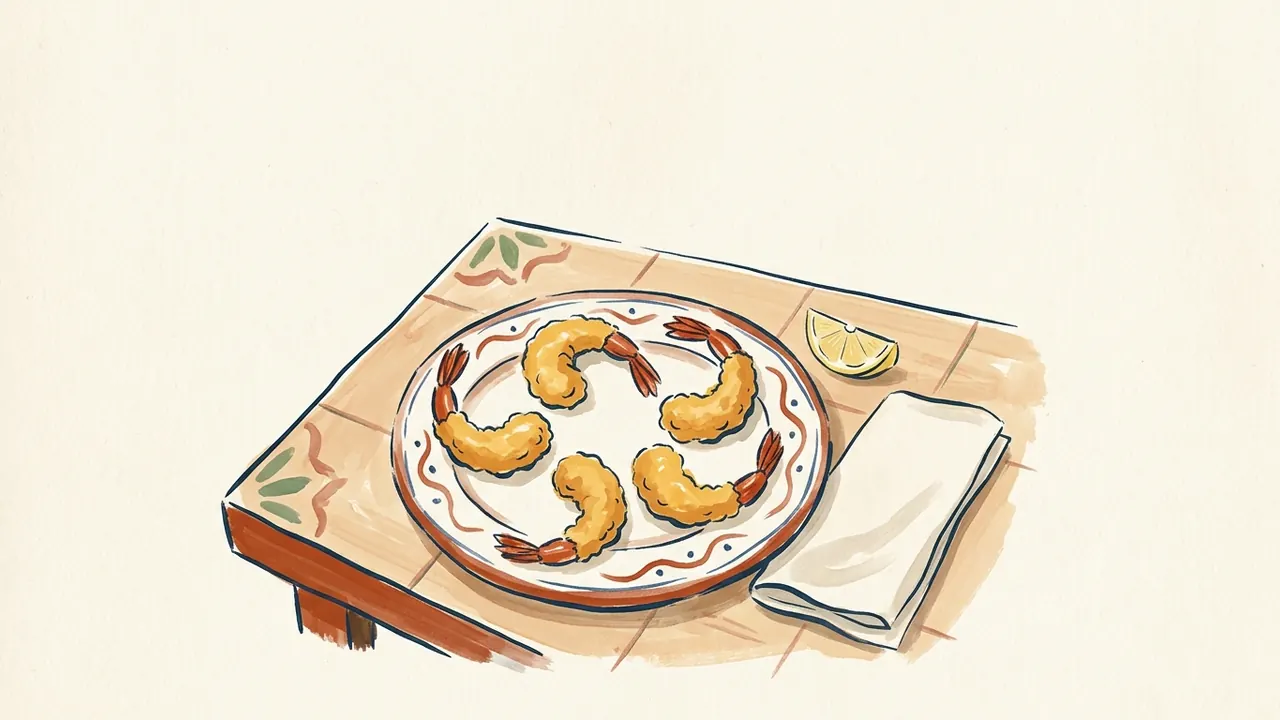 Cinco gambas fritas rebozadas sobre un plato de cerámica, junto a limón y una servilleta.