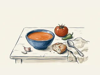 Cuenco de gazpacho con tomate, pimiento, ajo y pan sobre una mesa de cocina.