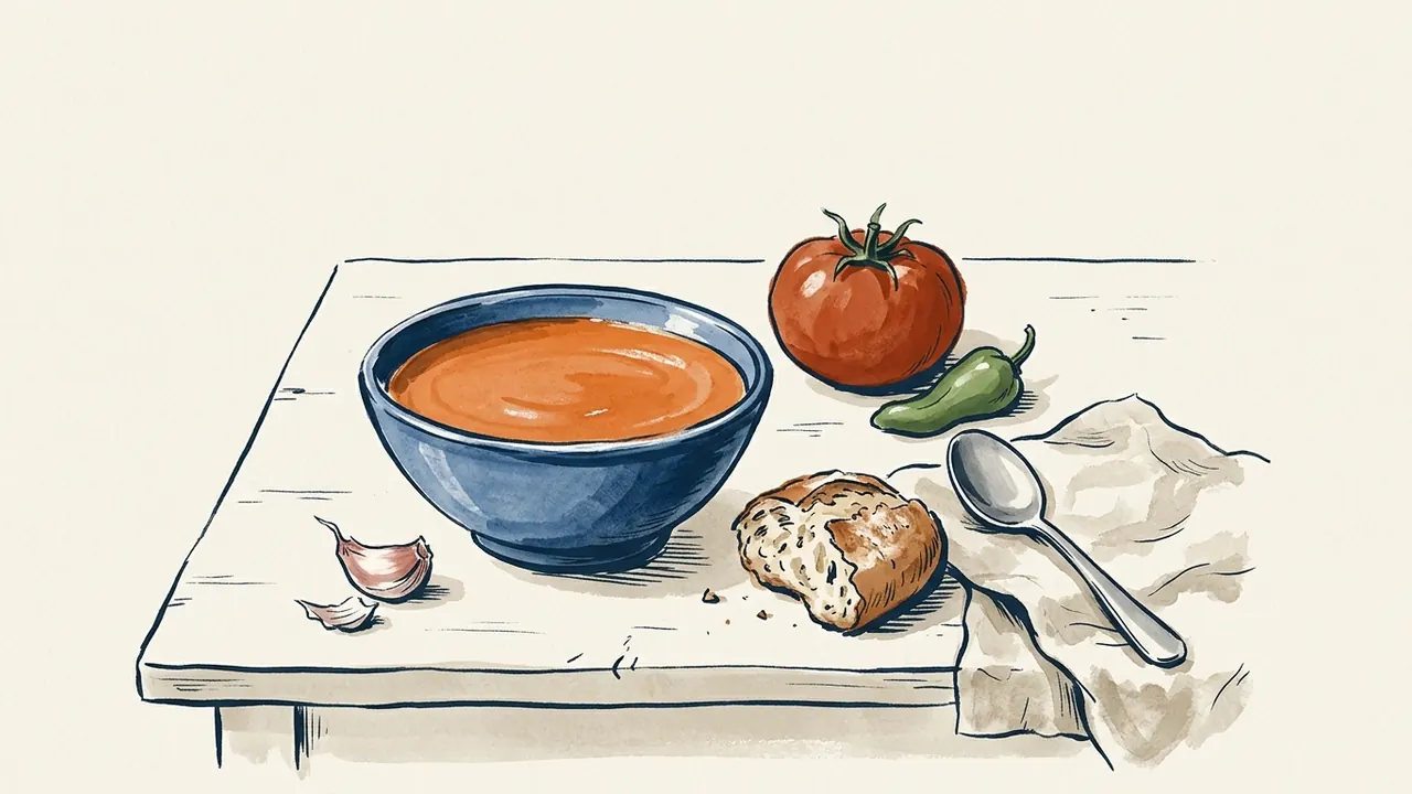 Cuenco de gazpacho con tomate, pimiento, ajo y pan sobre una mesa de cocina.