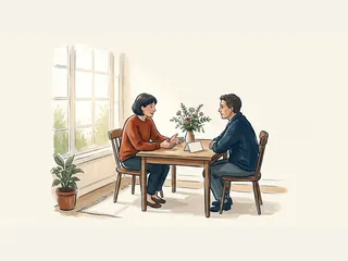 Dos adultos conversan junto a una ventana, con un pequeño ramo de flores y una tarjeta sobre la mesa.