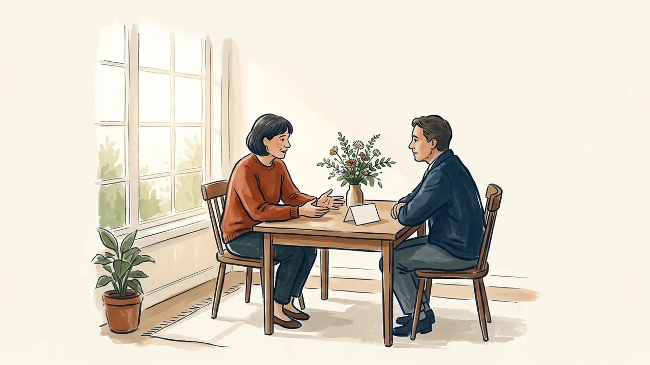Dos adultos conversan junto a una ventana, con un pequeño ramo de flores y una tarjeta sobre la mesa.