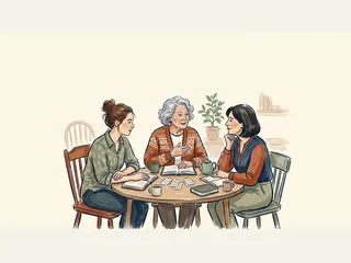 Tres mujeres de distintas edades conversan alrededor de una mesa con cuadernos y tazas.