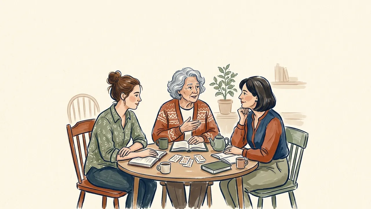 Tres mujeres de distintas edades conversan alrededor de una mesa con cuadernos y tazas.