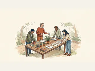 Un grupo de jóvenes prepara una muestra de plantas y dibujos junto a una persona adulta.
