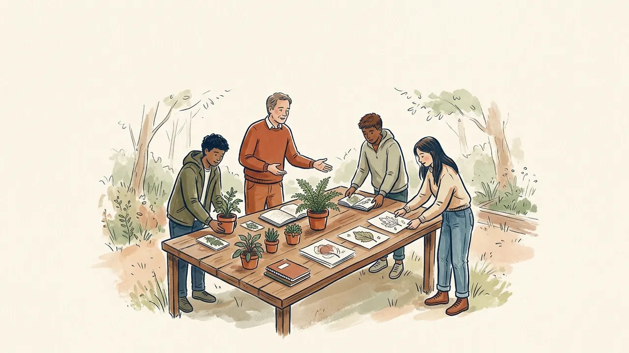 Un grupo de jóvenes prepara una muestra de plantas y dibujos junto a una persona adulta.