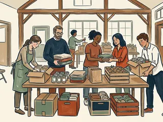 Un grupo de voluntarios organiza cajas, alimentos y mantas en una sala comunitaria.
