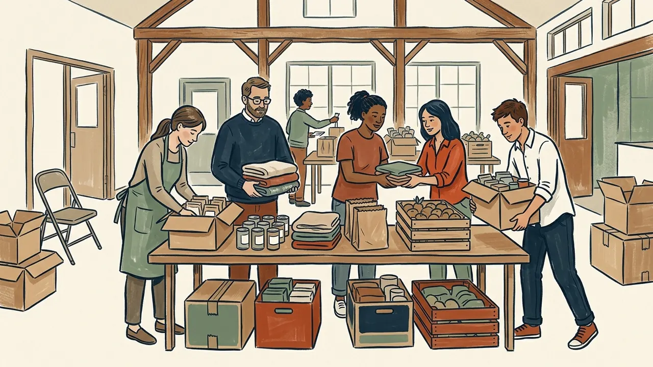 Un grupo de voluntarios organiza cajas, alimentos y mantas en una sala comunitaria.