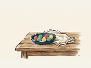 Gominolas de colores recubiertas de azúcar en una fuente azul sobre una mesa de madera.