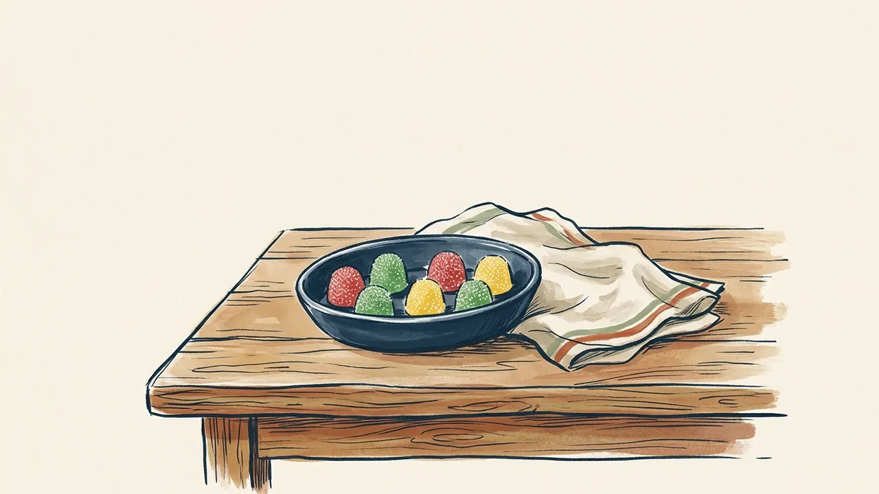 Gominolas de colores recubiertas de azúcar en una fuente azul sobre una mesa de madera.