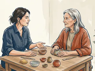 Dos mujeres de distintas edades conversan en una mesa de cerámica.