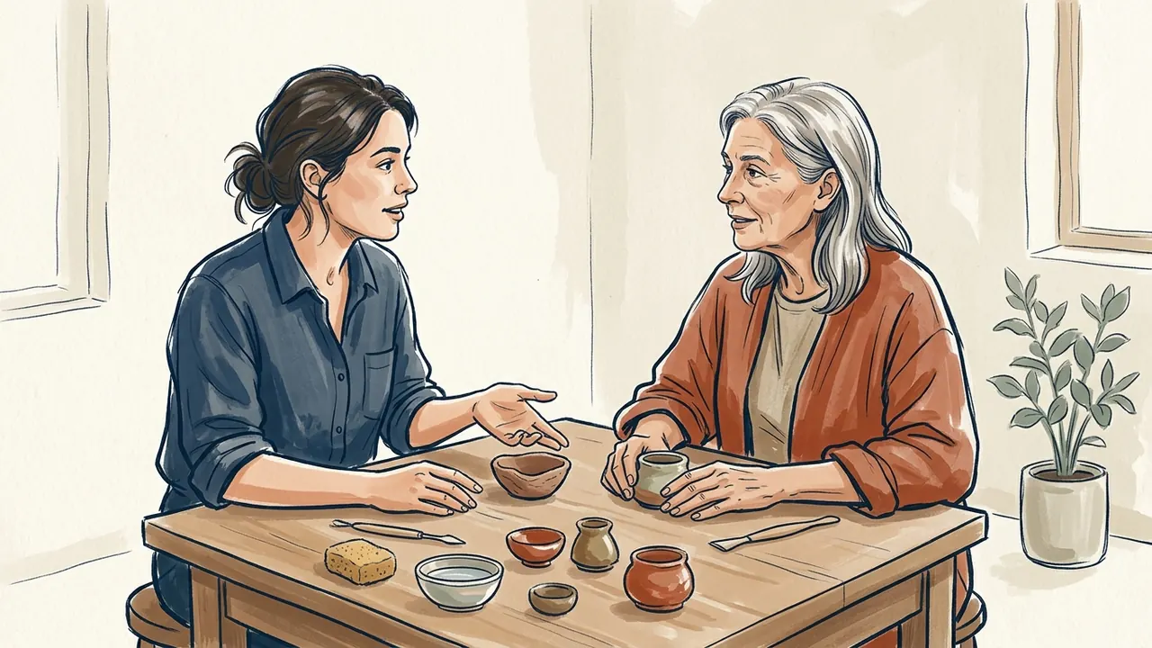 Dos mujeres de distintas edades conversan en una mesa de cerámica.