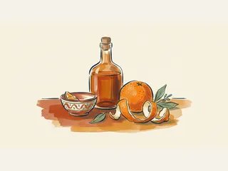 Una naranja, su piel en espiral y una botella de licor sin etiqueta forman un bodegón sobre papel cálido.