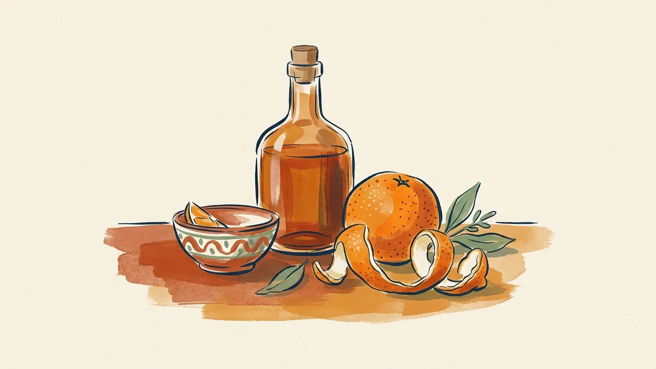 Una naranja, su piel en espiral y una botella de licor sin etiqueta forman un bodegón sobre papel cálido.