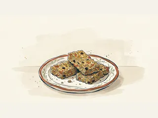 Tres barritas de granola sobre un plato de cerámica.