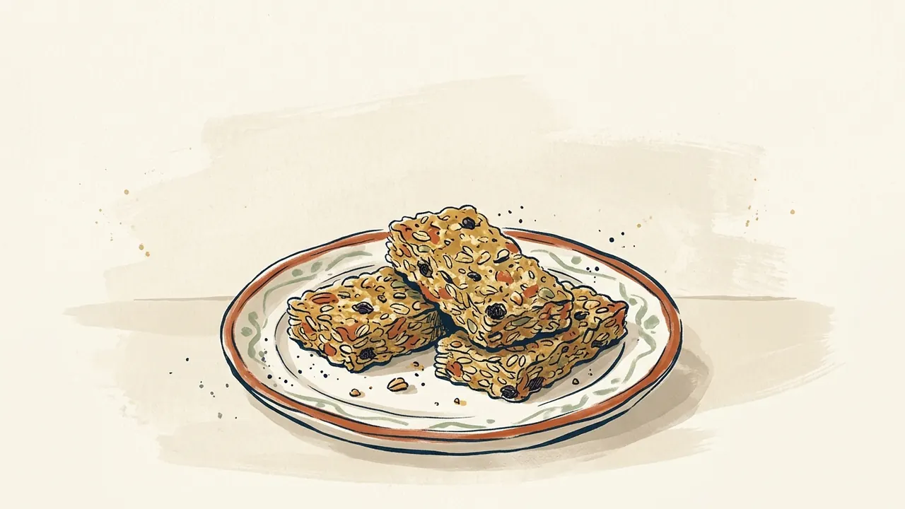 Tres barritas de granola sobre un plato de cerámica.