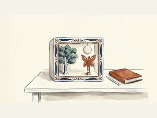 Un pequeño teatro de papel con una figura de hada, un árbol y una luna, junto a un libro cerrado.