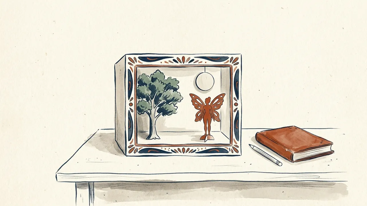 Un pequeño teatro de papel con una figura de hada, un árbol y una luna, junto a un libro cerrado.