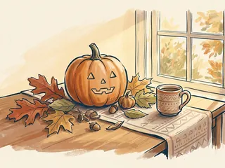 Calabaza decorativa con un rostro sencillo junto a hojas de otoño y una taza sobre una mesa.