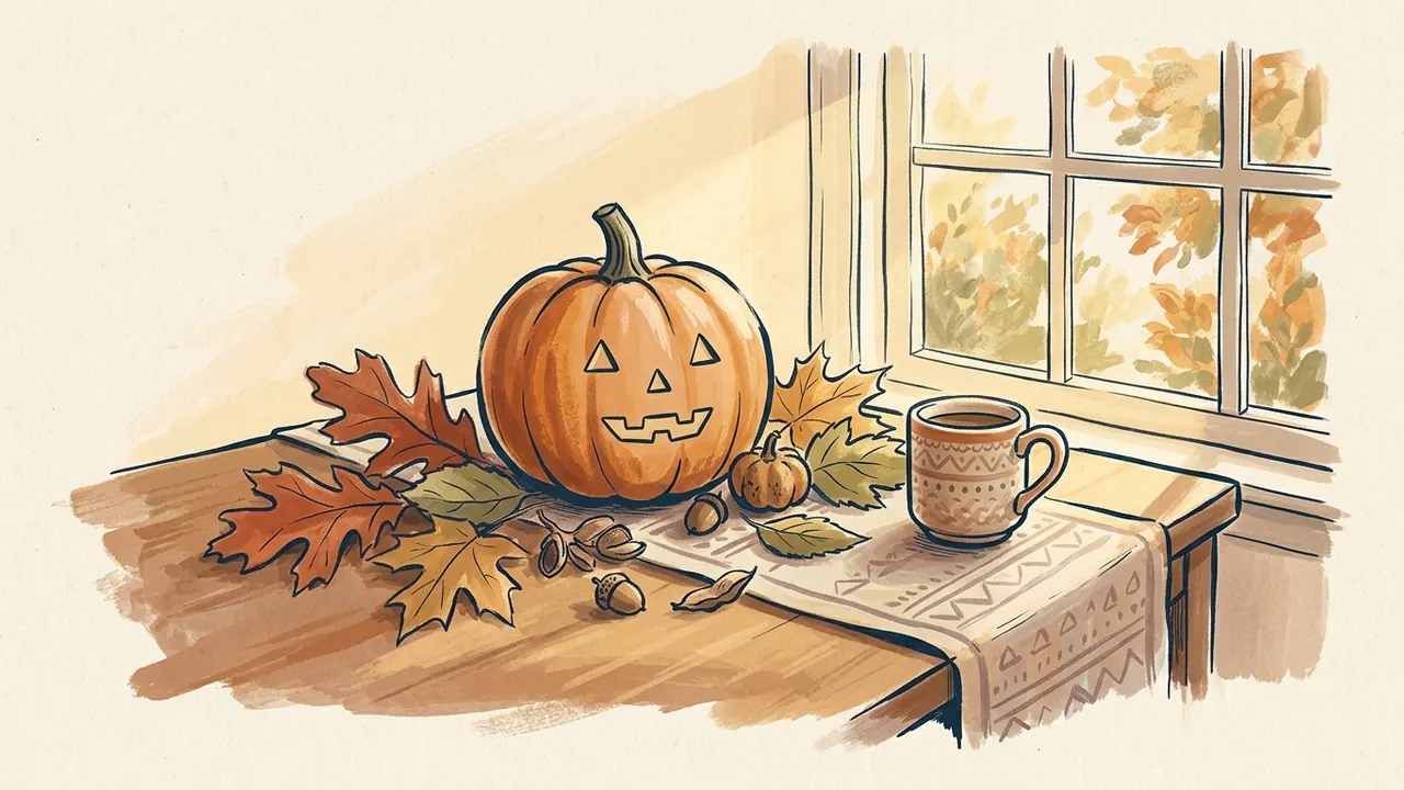 Calabaza decorativa con un rostro sencillo junto a hojas de otoño y una taza sobre una mesa.