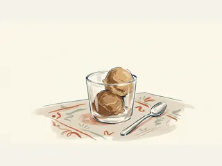 Dos bolas de helado de café en un vaso junto a una cuchara.