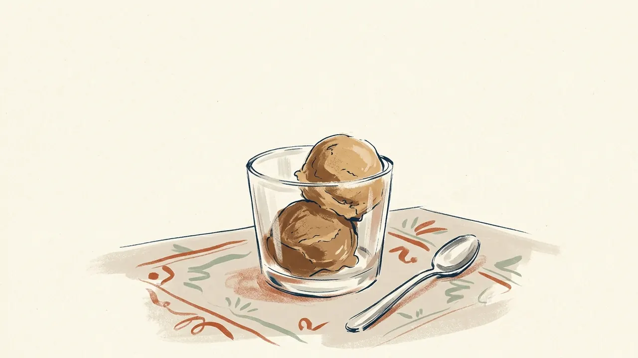 Dos bolas de helado de café en un vaso junto a una cuchara.