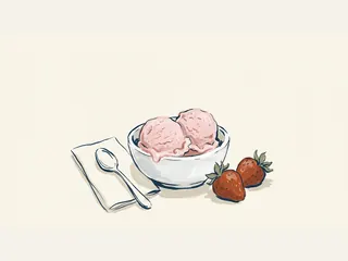 Un cuenco con dos bolas de helado de fresa, dos fresas y una cuchara sobre una servilleta.