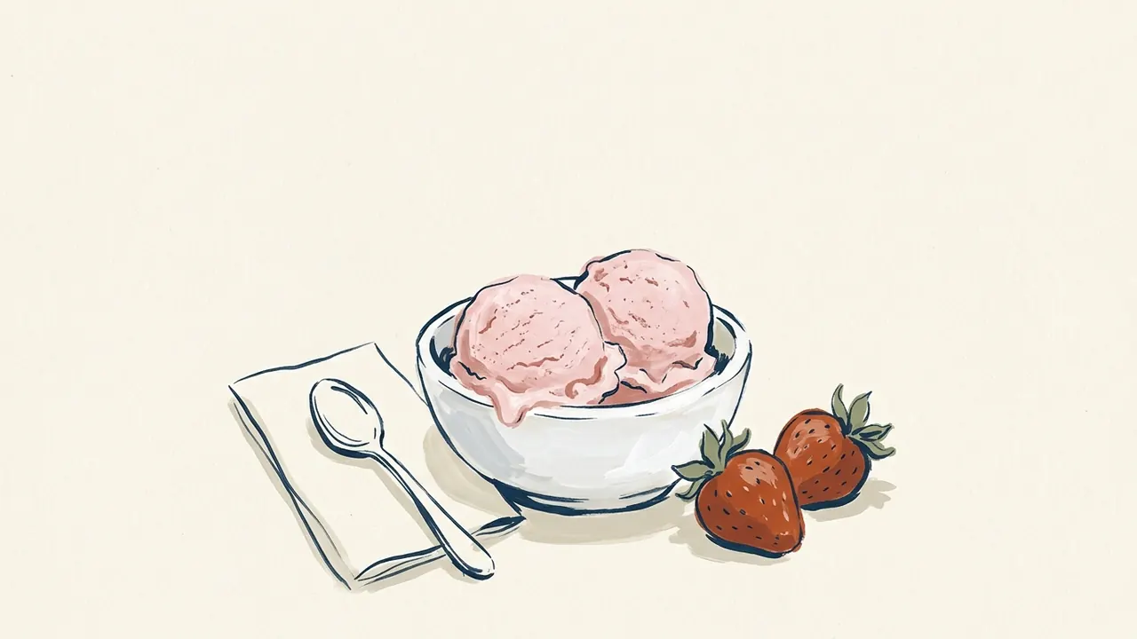 Un cuenco con dos bolas de helado de fresa, dos fresas y una cuchara sobre una servilleta.