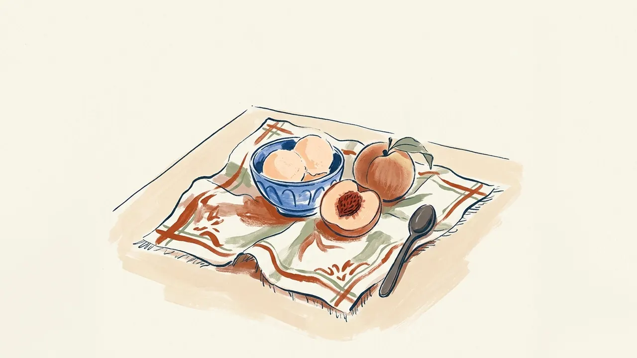 Cuenco con helado de melocotón, fruta entera y una mitad con hueso sobre un paño.