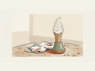 Cucurucho de helado soft sobre un soporte de cerámica, junto a una servilleta.