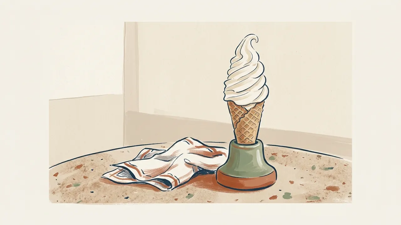 Cucurucho de helado soft sobre un soporte de cerámica, junto a una servilleta.