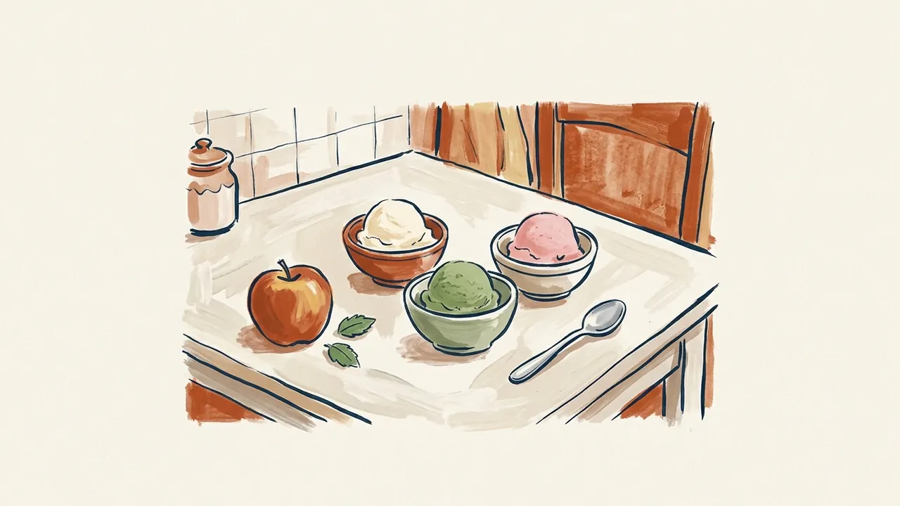 Tres cuencos de helado de distintos colores con una manzana y una cuchara en una cocina doméstica.
