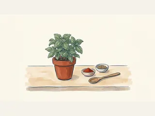 Maceta de albahaca junto a cuencos de pimentón y comino y una cuchara de madera.