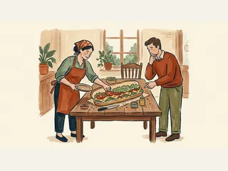Una cocinera prepara un hoagie mientras un cliente observa.
