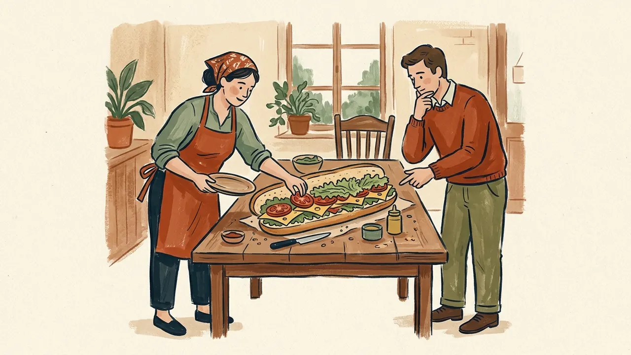 Una cocinera prepara un hoagie mientras un cliente observa.