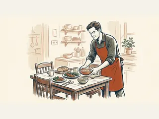 Un hombre con delantal coloca una cena de verduras, pan y cuencos sobre una mesa.
