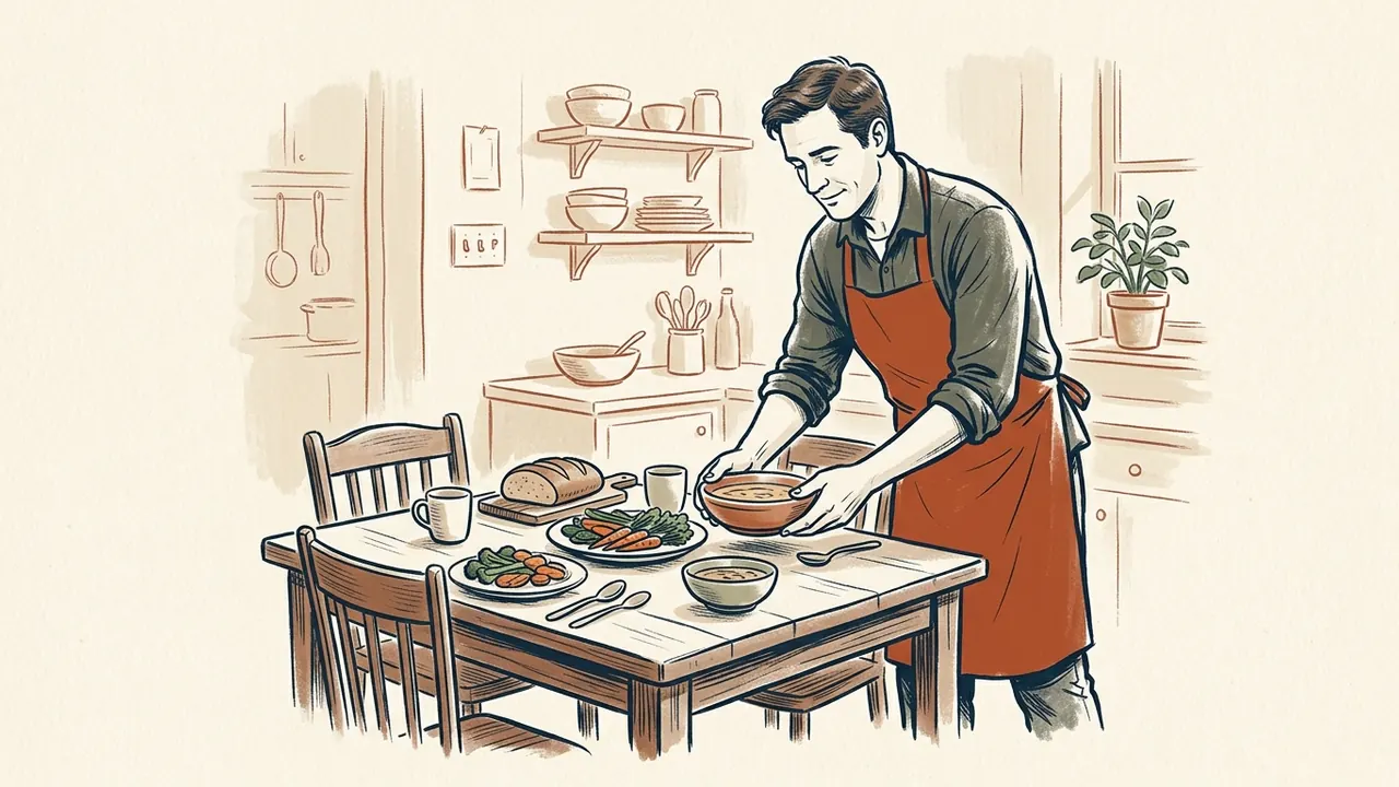 Un hombre con delantal coloca una cena de verduras, pan y cuencos sobre una mesa.