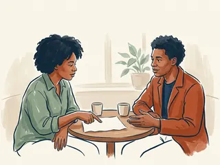 Dos personas conversan mientras una señala una hoja en blanco.
