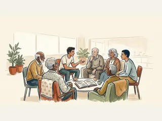 Personas mayores y jóvenes adultas comparten una conversación en una sala comunitaria alrededor de un álbum.