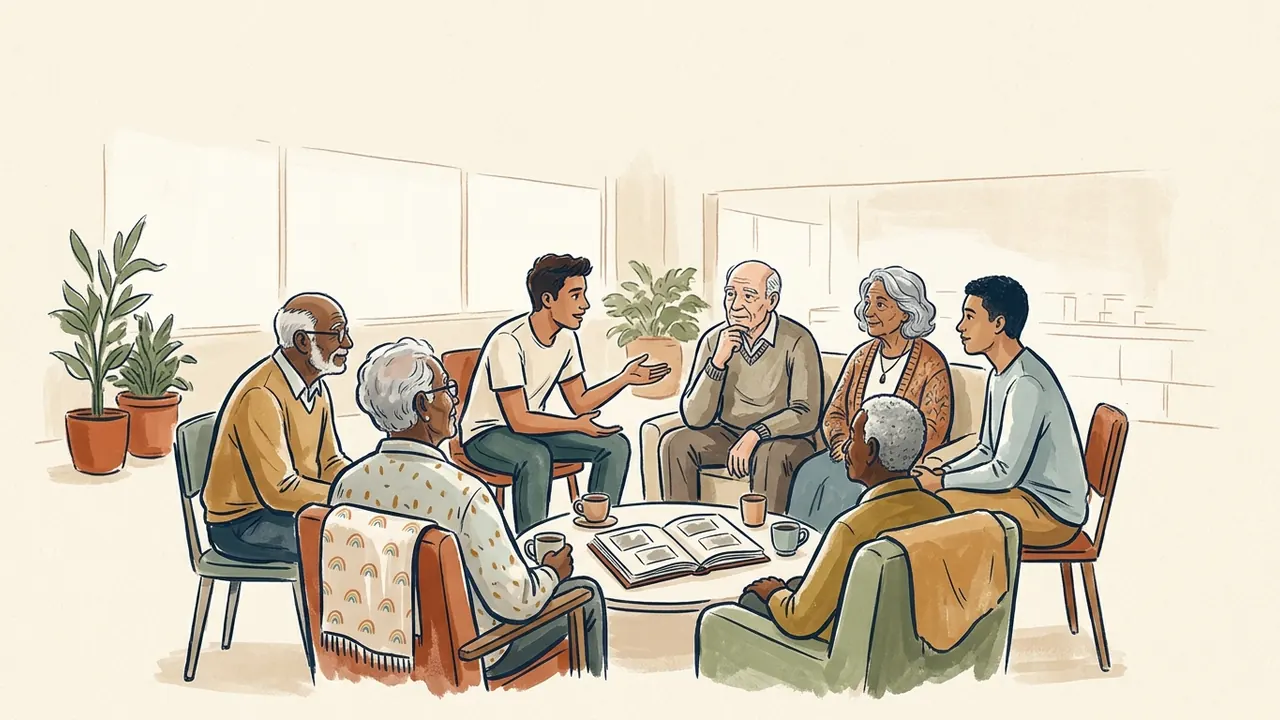 Personas mayores y jóvenes adultas comparten una conversación en una sala comunitaria alrededor de un álbum.