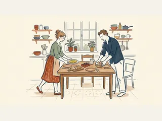 Dos personas preparan una mesa con tortilla y una cesta de huevos.