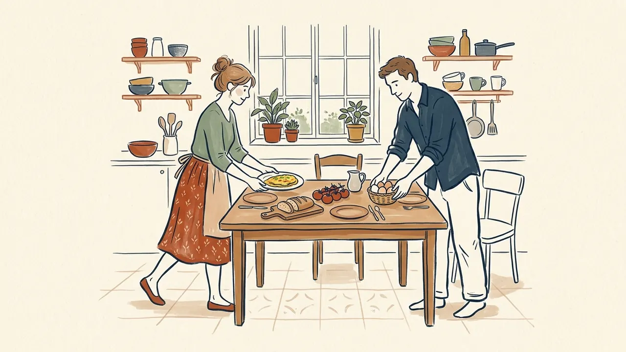 Dos personas preparan una mesa con tortilla y una cesta de huevos.