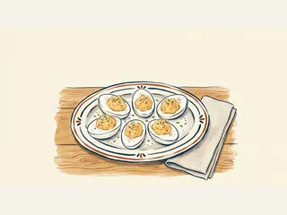Seis mitades de huevos rellenos en un plato de cerámica, junto a una servilleta clara.