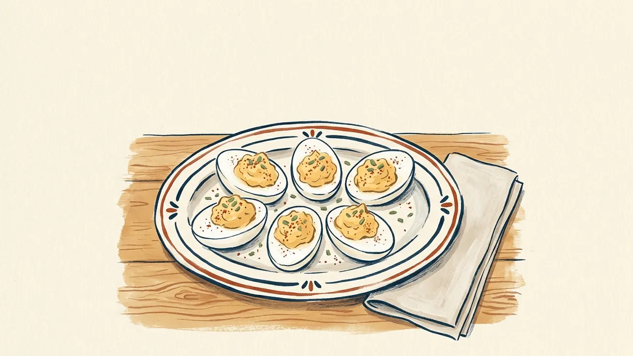 Seis mitades de huevos rellenos en un plato de cerámica, junto a una servilleta clara.