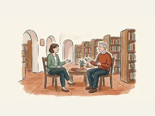 Una mujer y un hombre conversan sentados en una biblioteca, con un libro y una maceta sobre la mesa.
