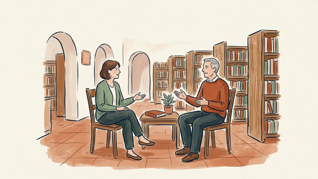 Una mujer y un hombre conversan sentados en una biblioteca, con un libro y una maceta sobre la mesa.