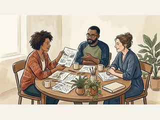 Tres personas comparten dibujos propios de paisajes y plantas alrededor de una mesa.