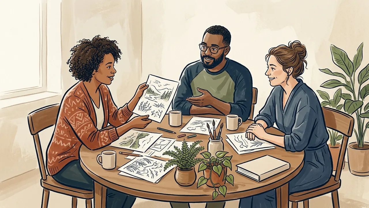 Tres personas comparten dibujos propios de paisajes y plantas alrededor de una mesa.